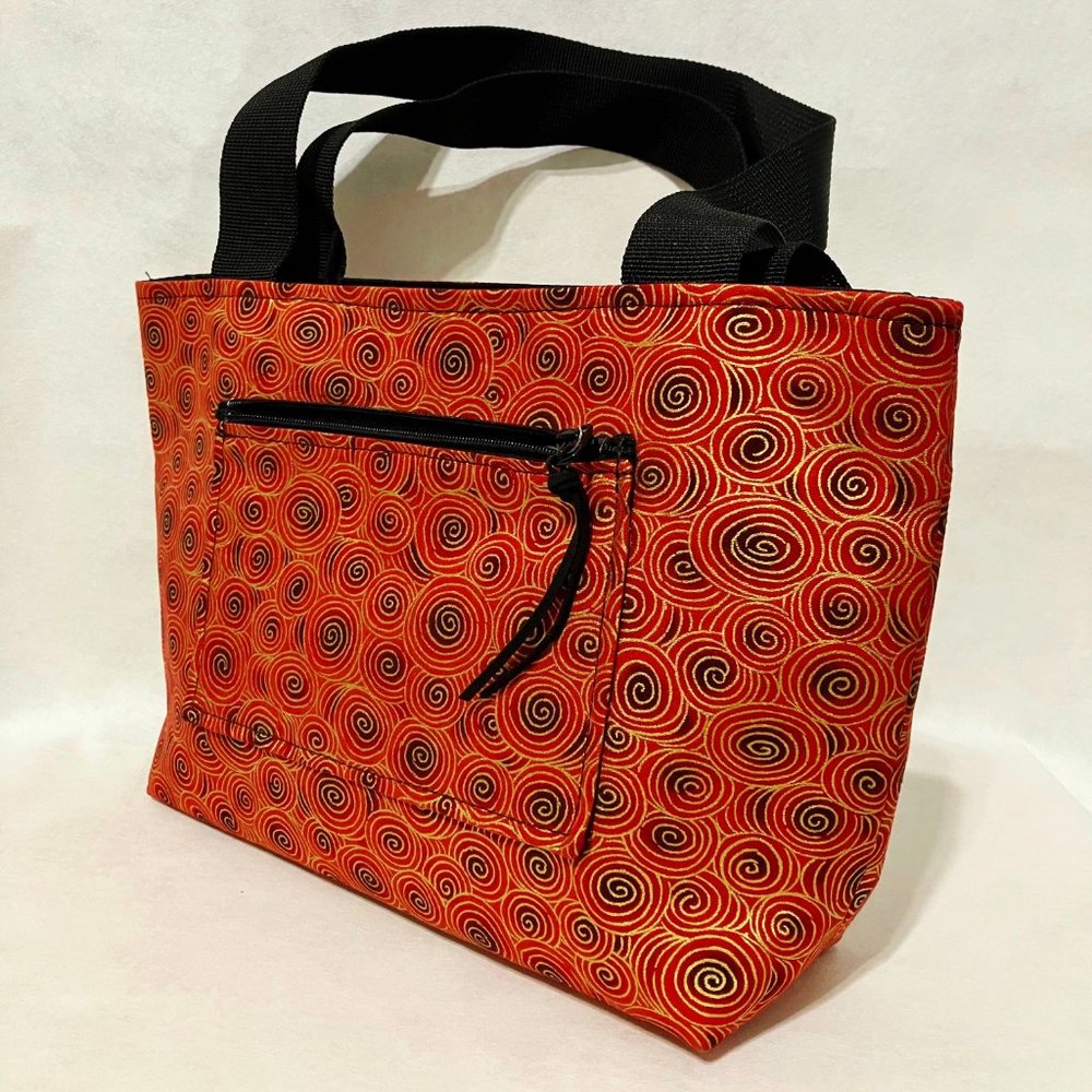 Red Swirls Tote Purse Handcrafted Unique Hand Bag Fabric Red Gold Double Handles